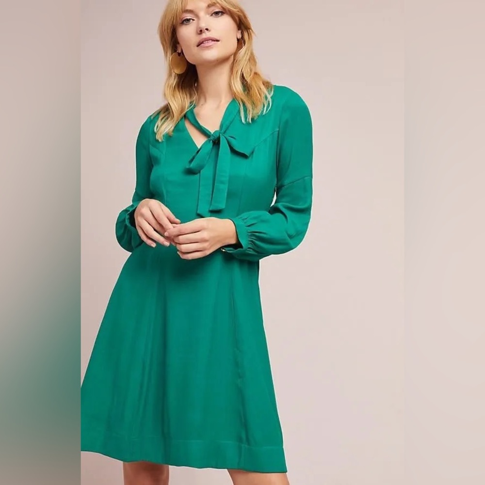 Anthropologie Moulinette Soeurs Emerald Green Tie Neck Dress